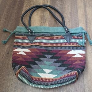 Bohemian Woven Tote Bag in Teal Multi-Color